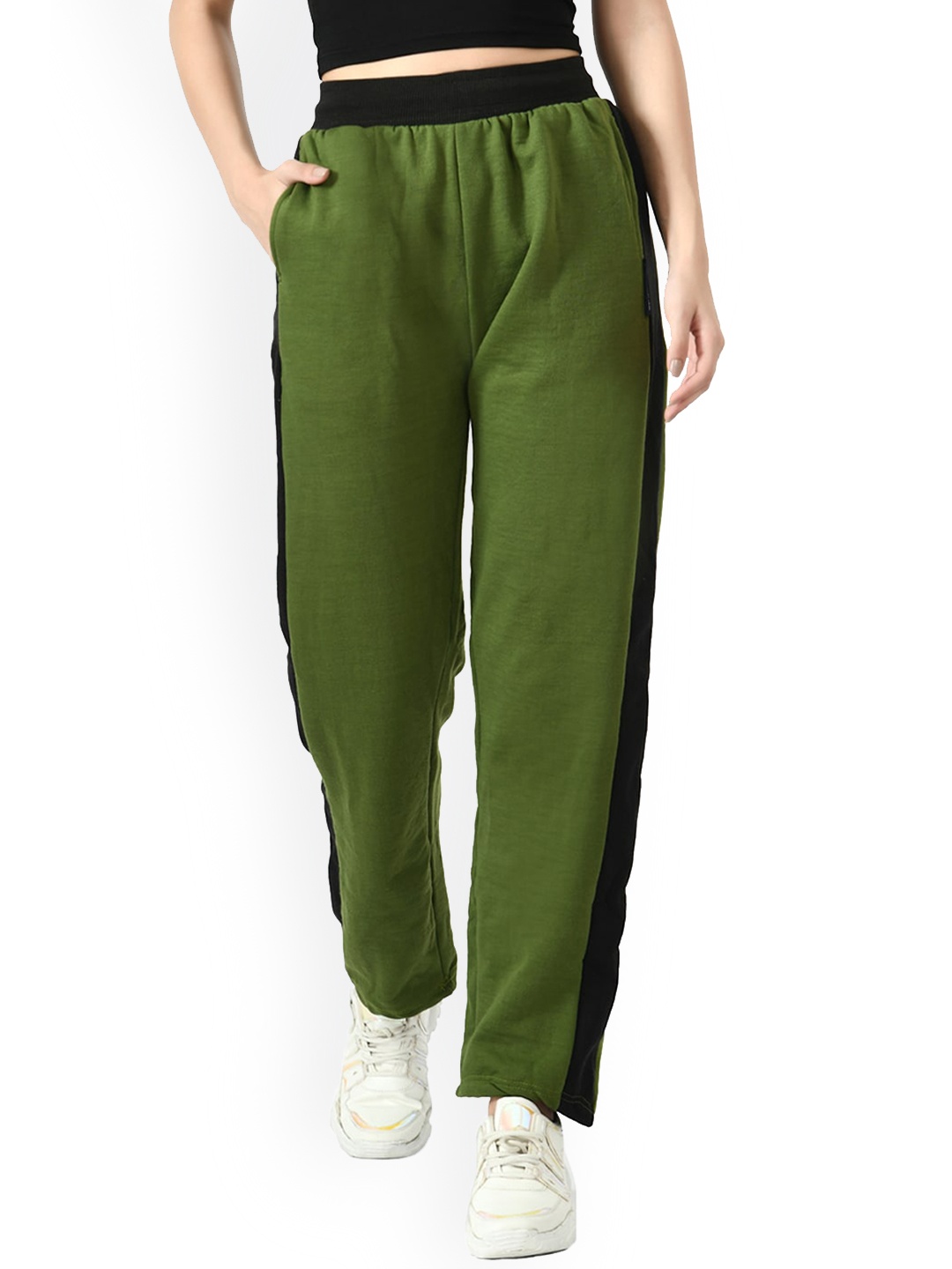 

IndiWeaves Women Side Pockets Track Pants, Green