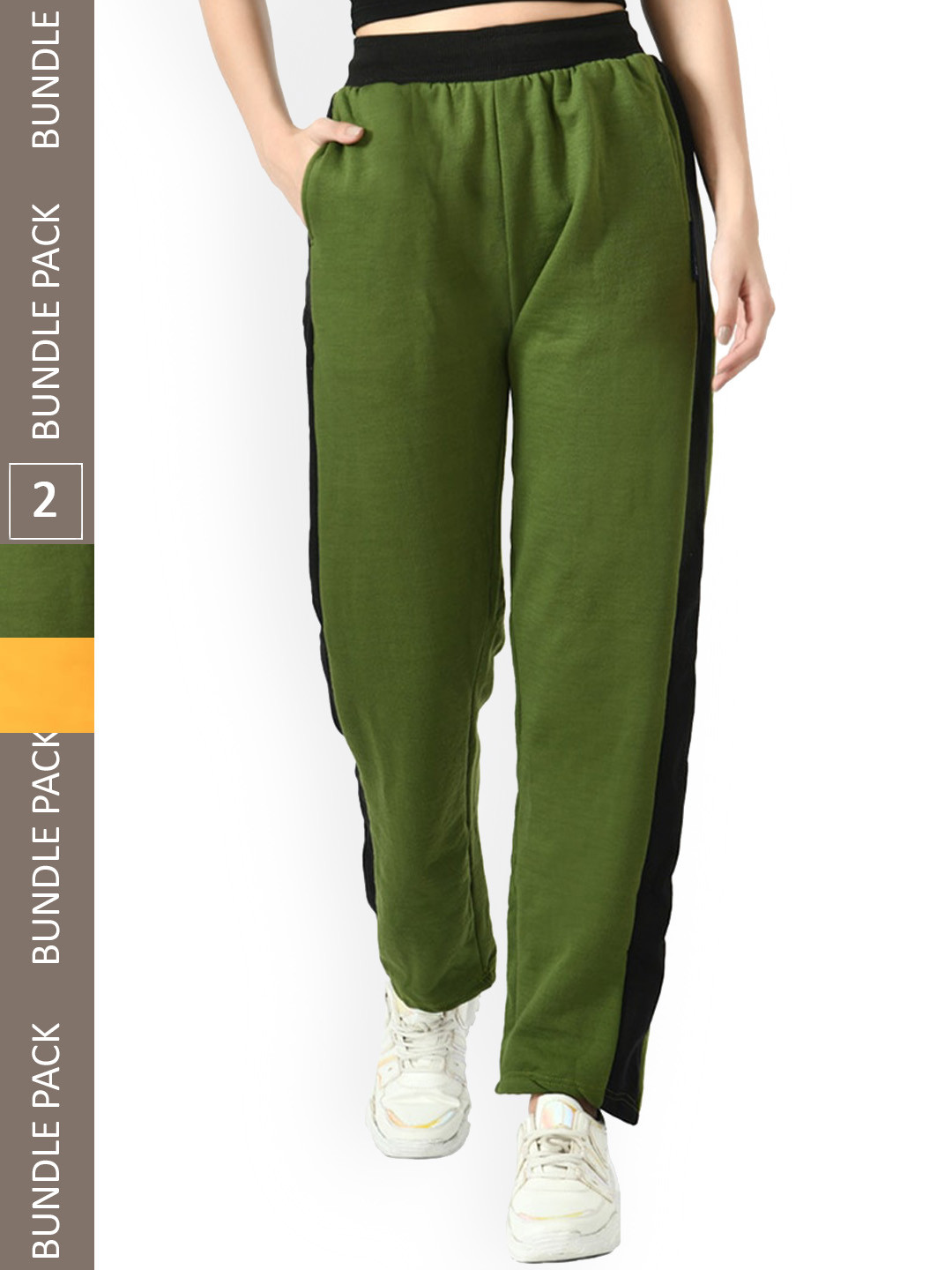 

IndiWeaves Women Pack Of 2 Mid-Rise Fleece Track Pants, Yellow
