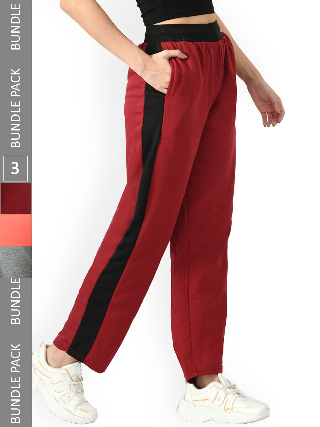 

IndiWeaves Women Pack Of 3 Mid-Rise Fleece Track Pants, Maroon