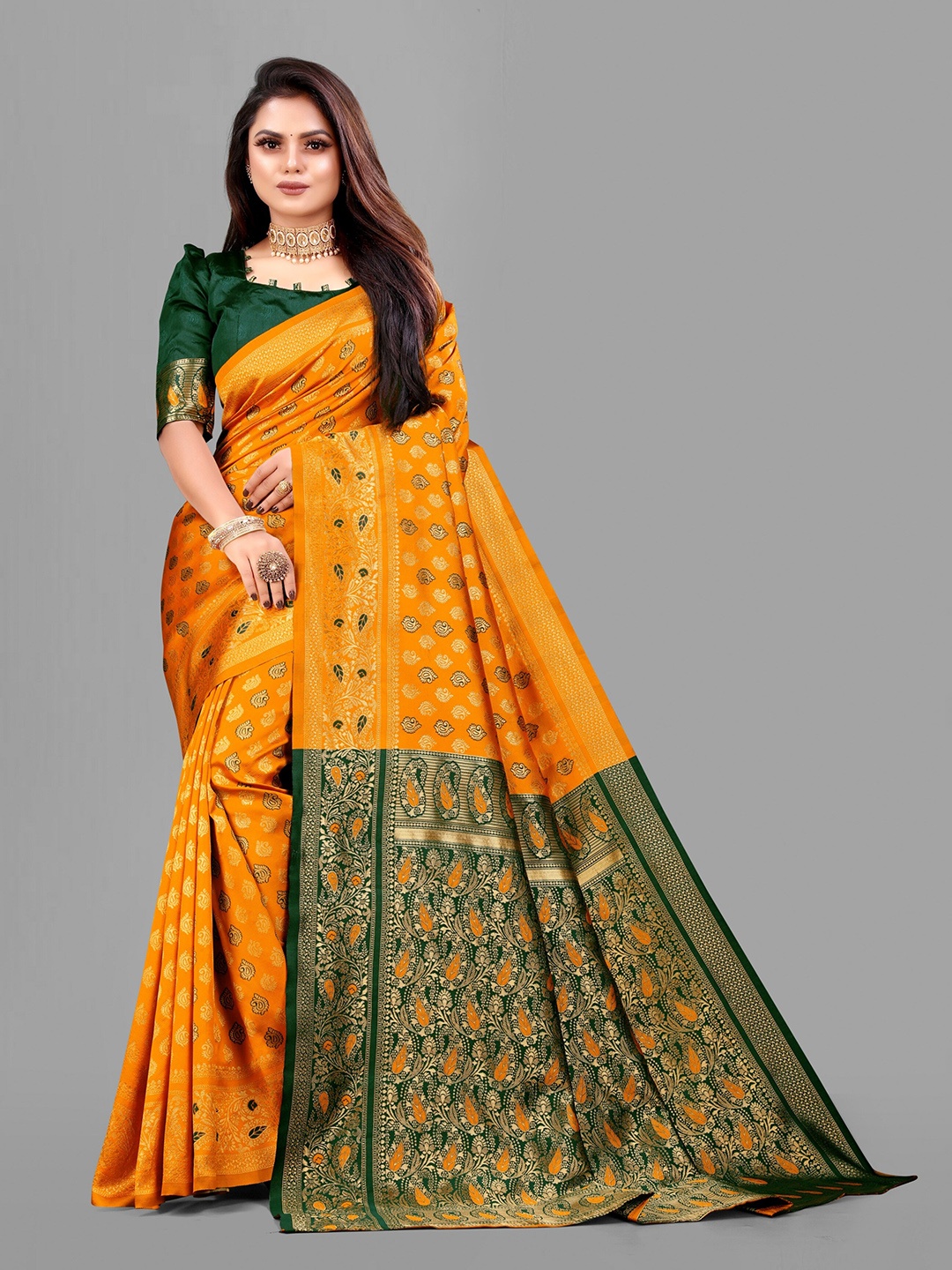 

eshami Ethnic Motifs Woven Design Zari Saree, Mustard