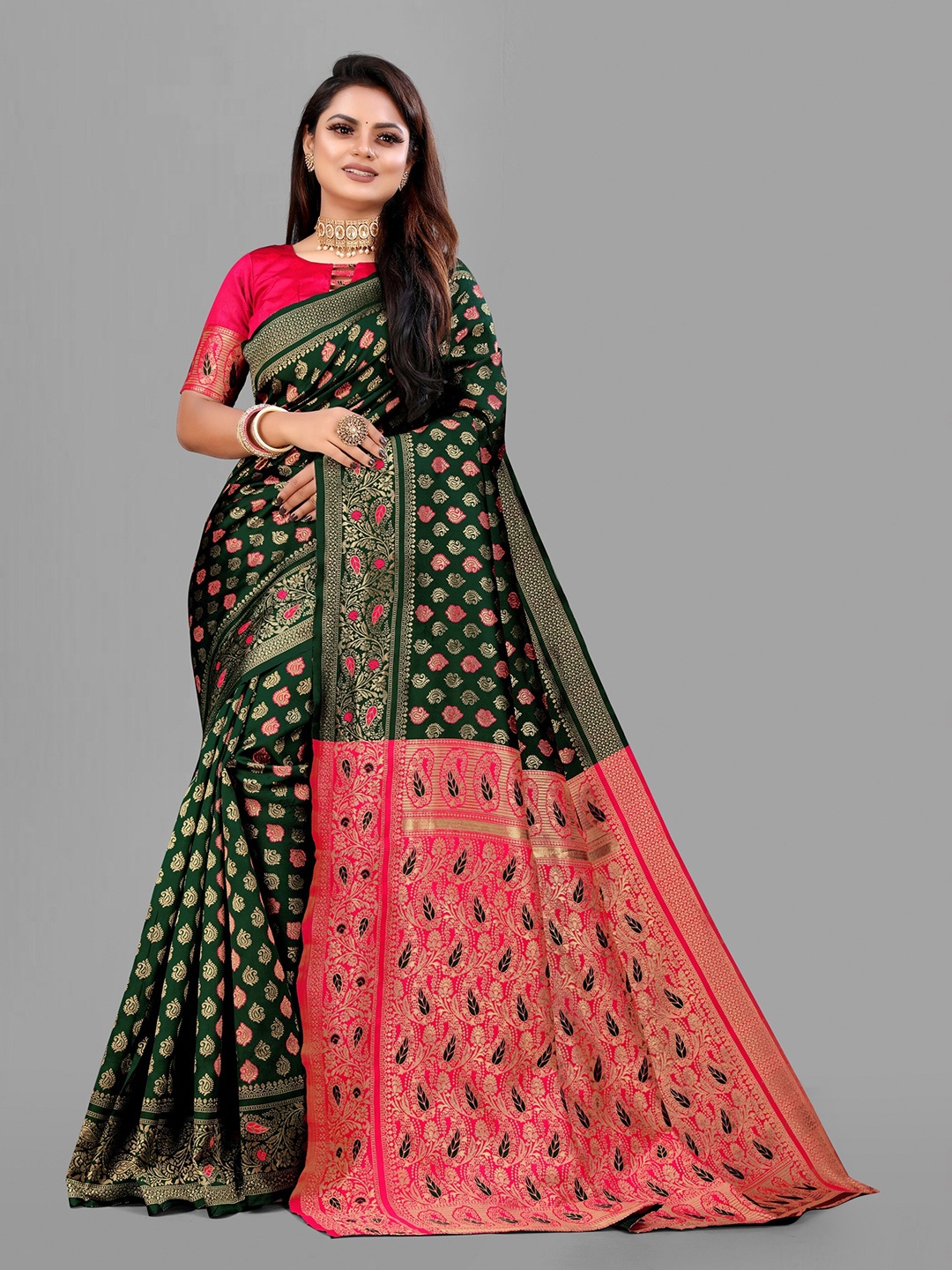 

eshami Woven Design Zari Banarasi Saree, Green
