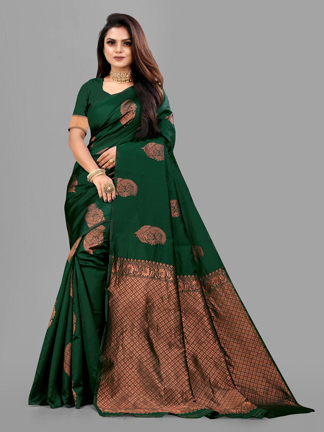 

eshami Ethnic Motifs Woven Design Zari Banarasi Saree, Green