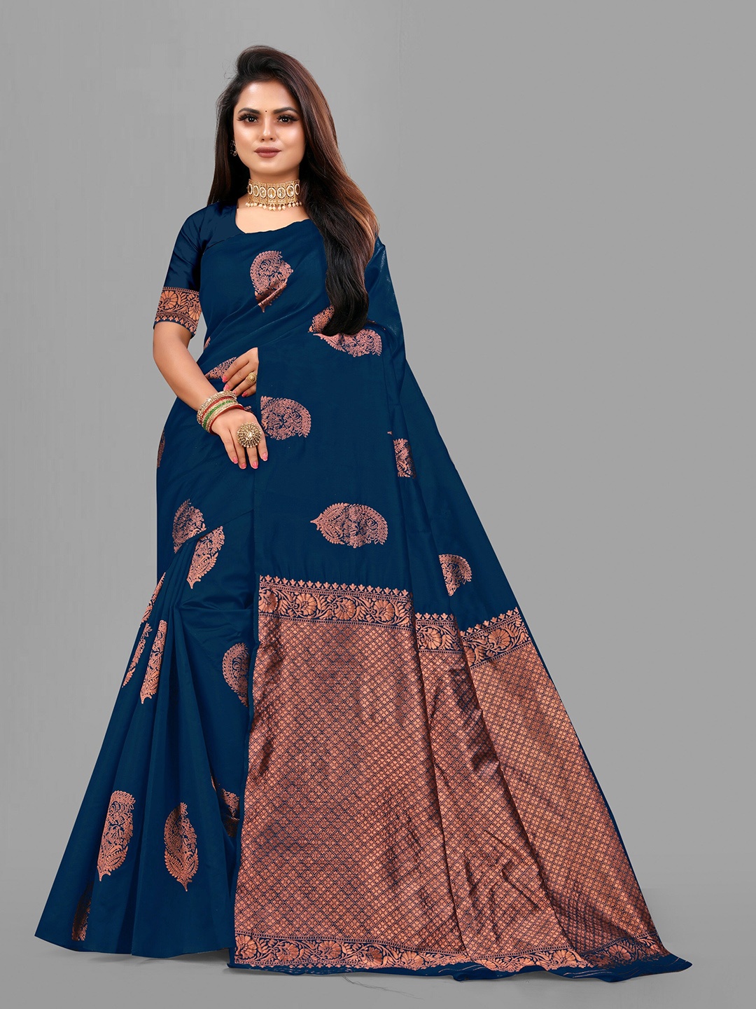 

eshami Navy Blue & Bronze-Toned Ethnic Motifs Woven Design Zari Saree