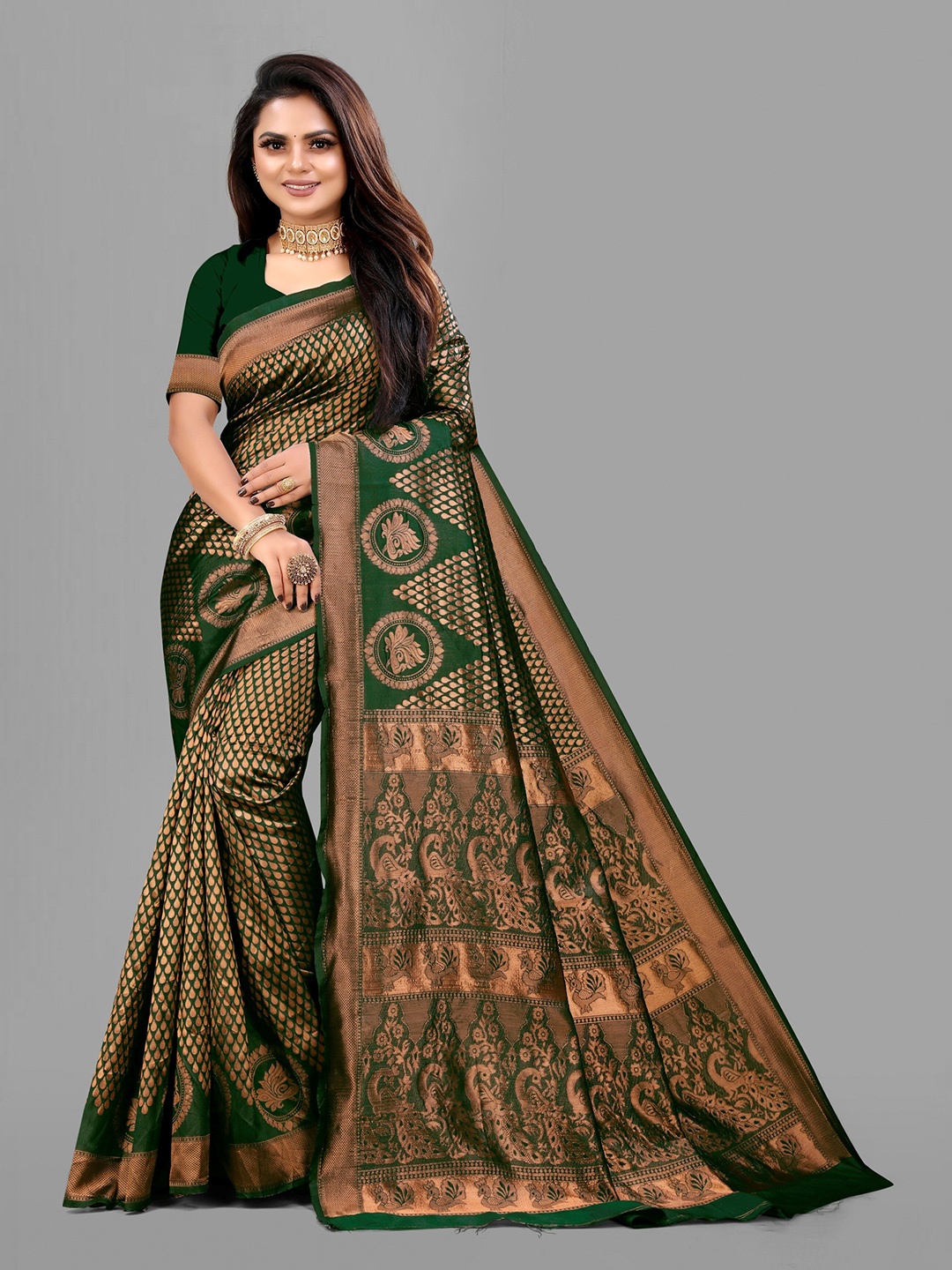 

eshami Green & Bronze-Toned Ethnic Motifs Woven Design Zari Saree