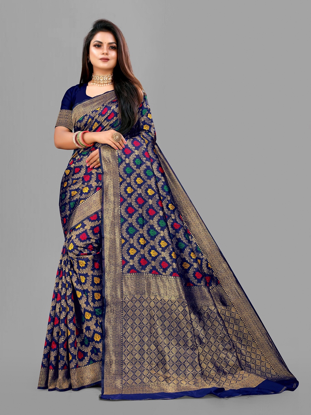 

eshami Woven Design Zari Banarasi Saree, Navy blue