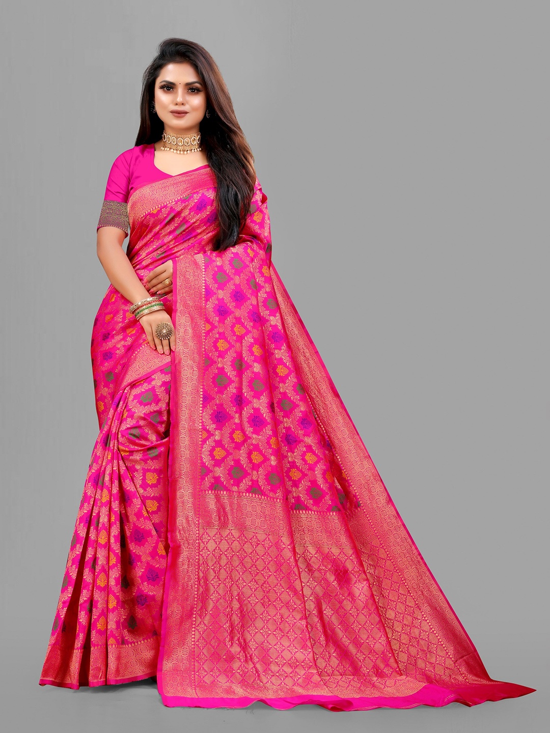 

eshami Ethnic Motifs Woven Design Zari Saree, Pink