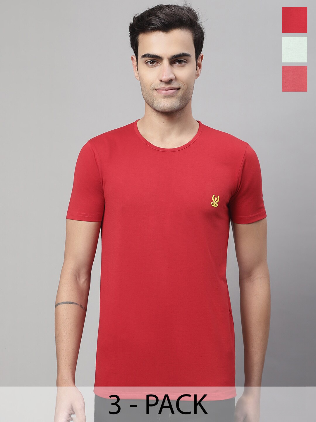 

VIMAL JONNEY Pack Of 3 Round Neck Regular Fit Cotton Casual T-Shirt, Red