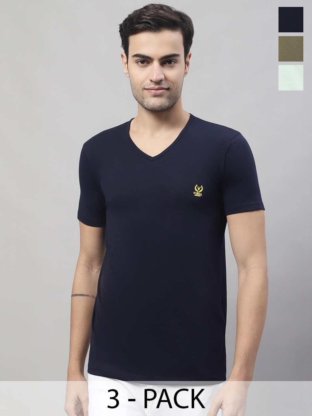 

VIMAL JONNEY Pack Of 3 V-Neck Regular Fit Cotton Casual T-Shirt, Black