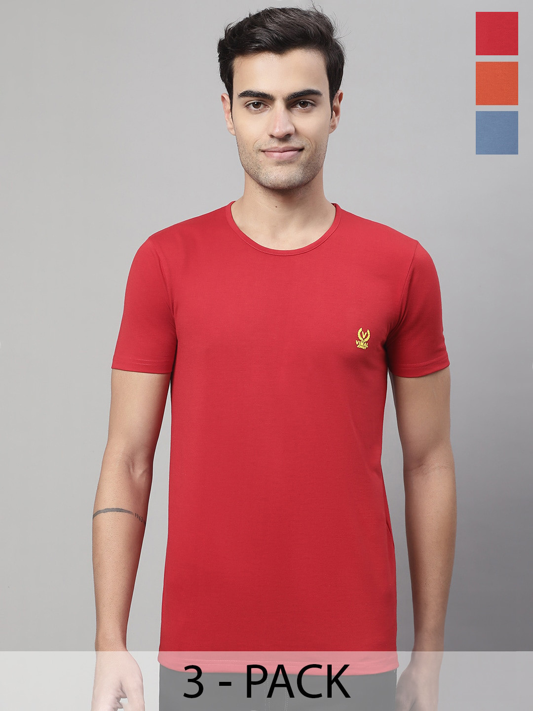 

MACK JONNEY Pack Of 3 Round Neck Regular Fit Cotton Casual T-Shirt, Red