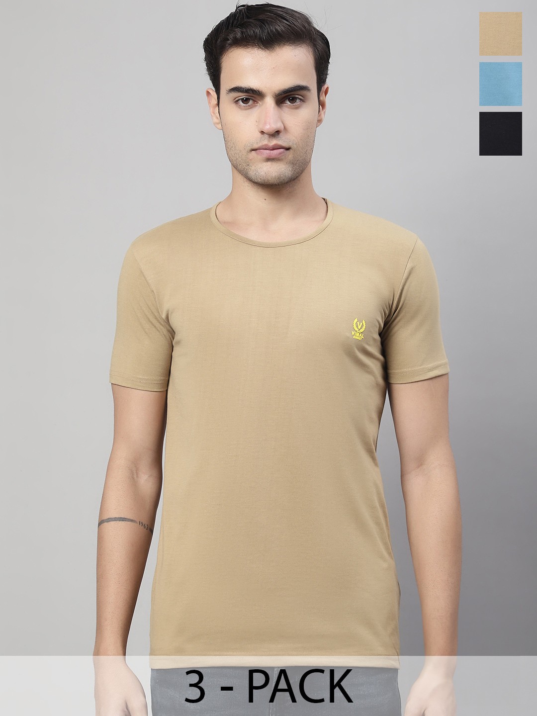 

MACK JONNEY Pack Of 3 Round Neck Regular Fit Cotton Casual T-Shirt, Brown