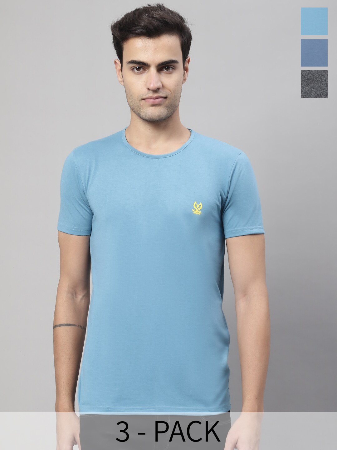 

MACK JONNEY Pack Of 3 Round Neck Regular Fit Cotton Casual T-Shirt, Blue
