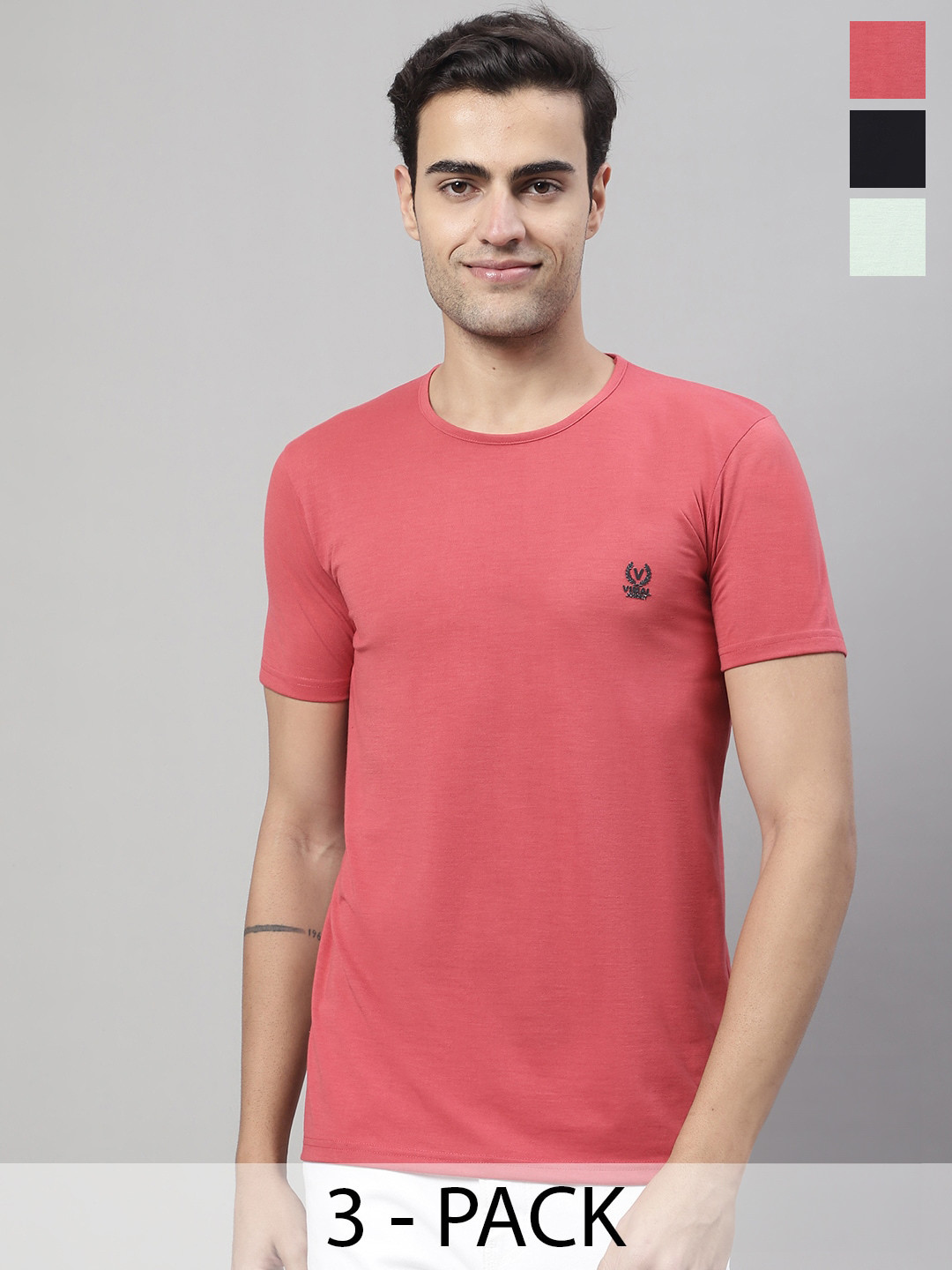 

VIMAL JONNEY Pack Of 3 Round Neck Regular Fit Cotton Casual T-Shirt, Coral