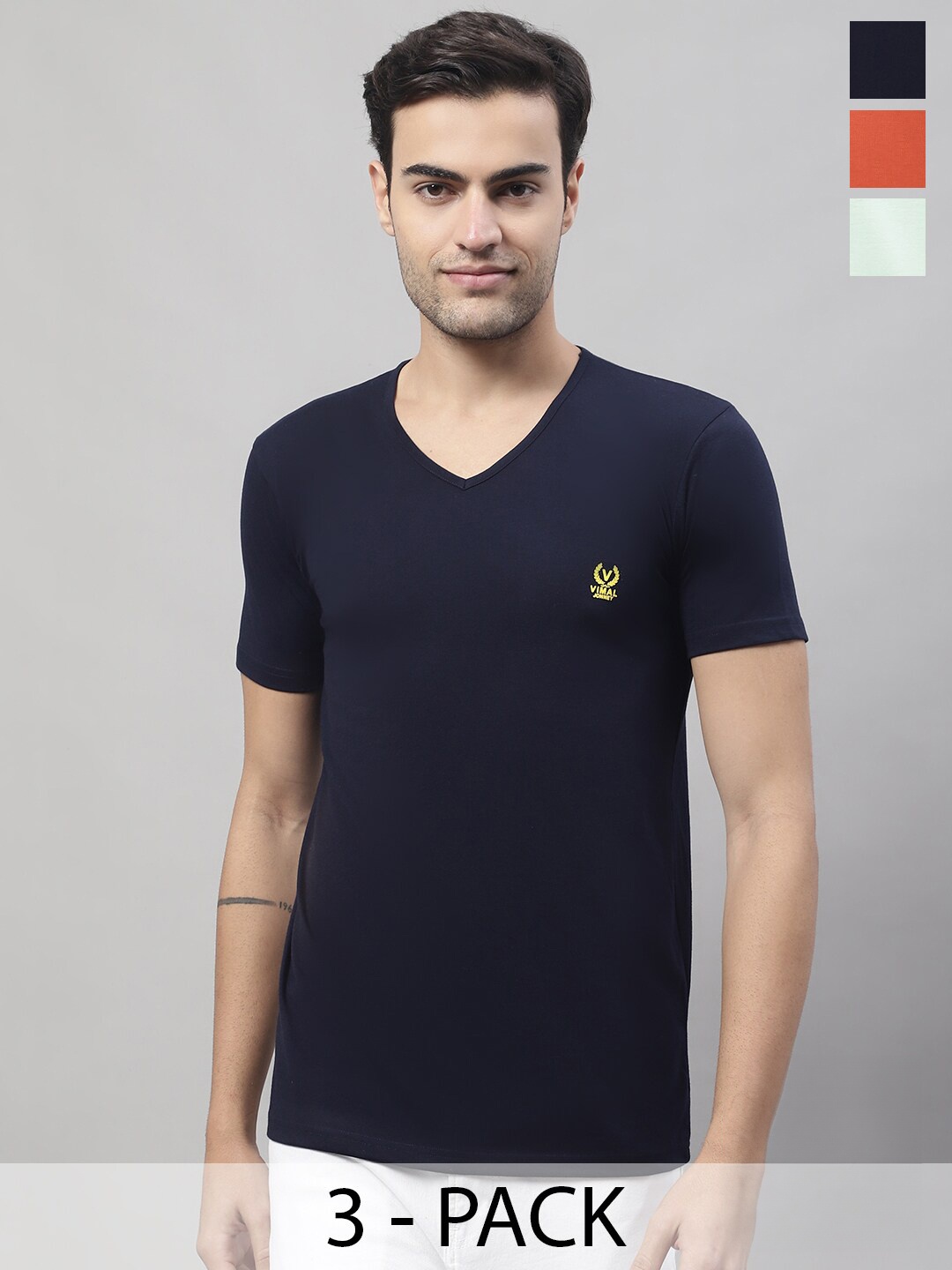 

VIMAL JONNEY Pack Of 3 V-Neck Regular Fit Cotton Casual T-Shirt, Black