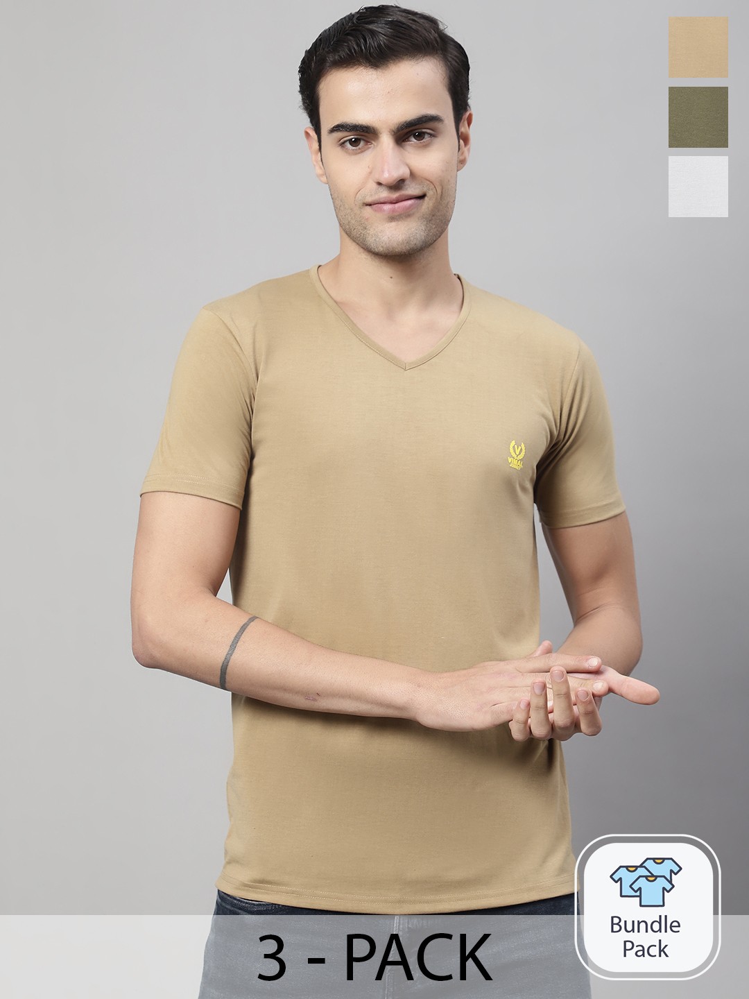 

MACK JONNEY Pack Of 3 V-Neck Regular Fit Cotton Casual T-Shirt, Beige