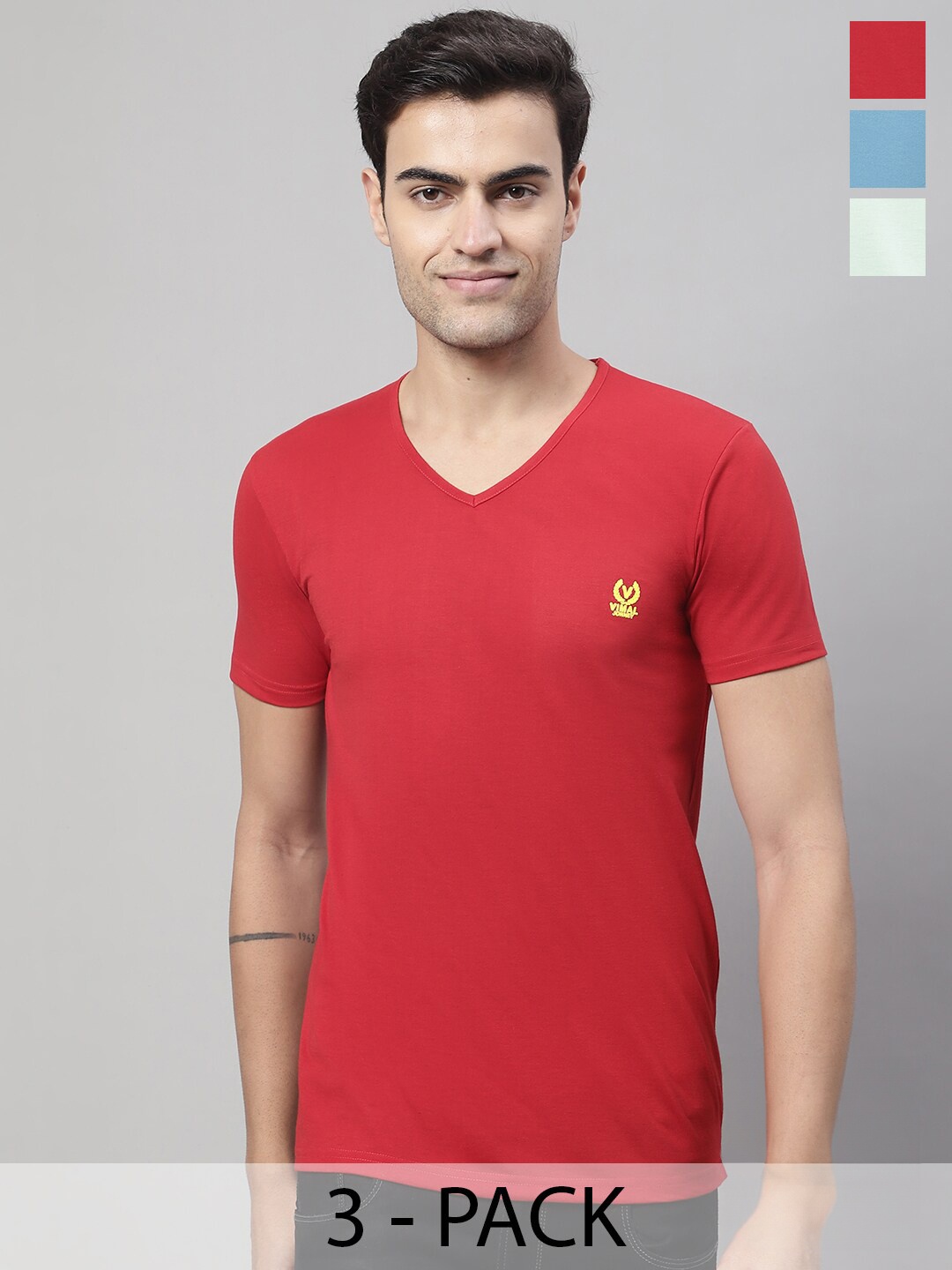 

VIMAL JONNEY Pack Of 3 V-Neck Regular Fit Cotton Casual T-Shirt, Red