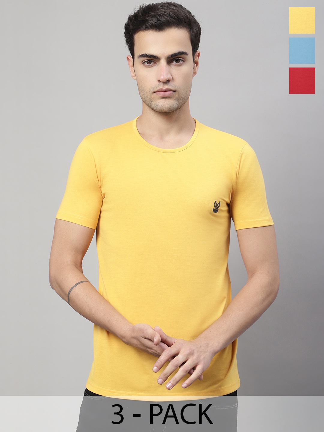 

MACK JONNEY Pack Of 3 Typography Printed Round Neck Regular Fit Cotton Casual T-Shirt, Yellow