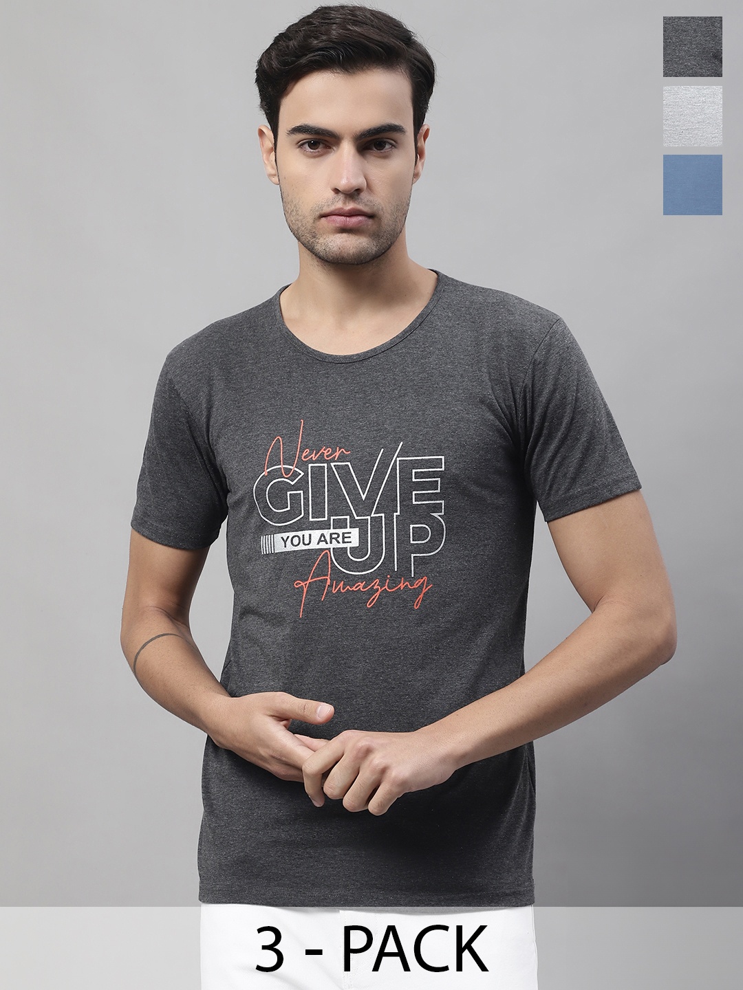 

MACK JONNEY Pack Of 3 Typography Printed Round Neck Regular Fit Cotton Casual T-Shirt, Grey