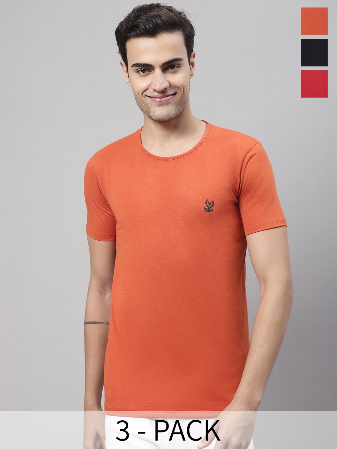 

VIMAL JONNEY Pack Of 3 Round Neck Regular Fit Cotton Casual T-Shirt, Orange