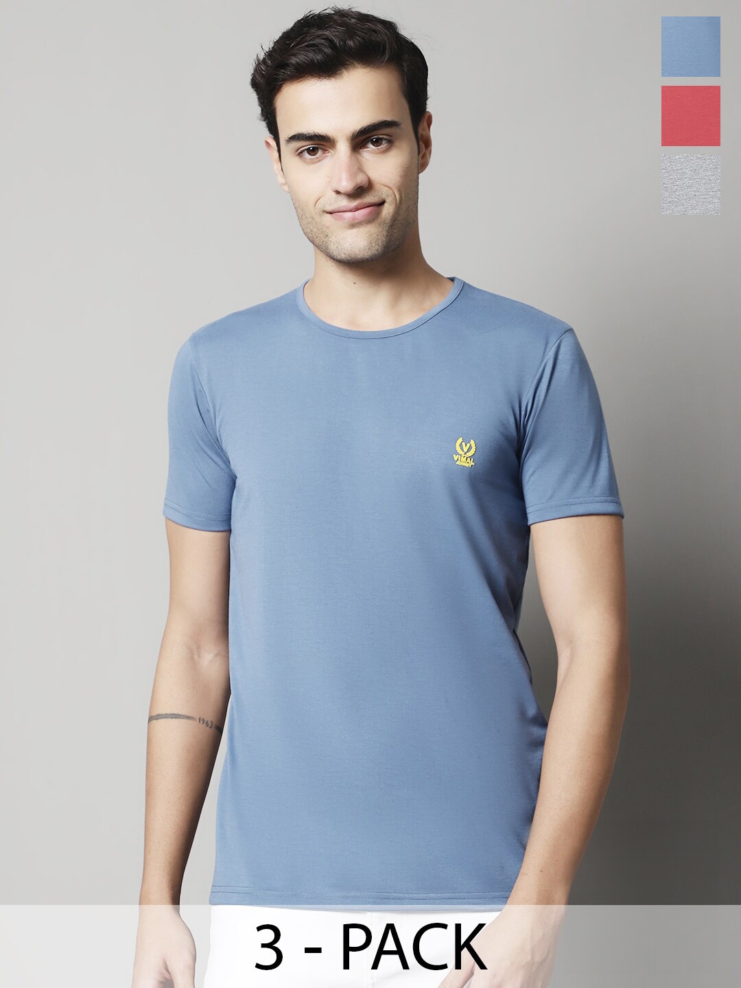 

VIMAL JONNEY Pack Of 3 Round Neck Regular Fit Cotton Casual T-Shirt, Blue