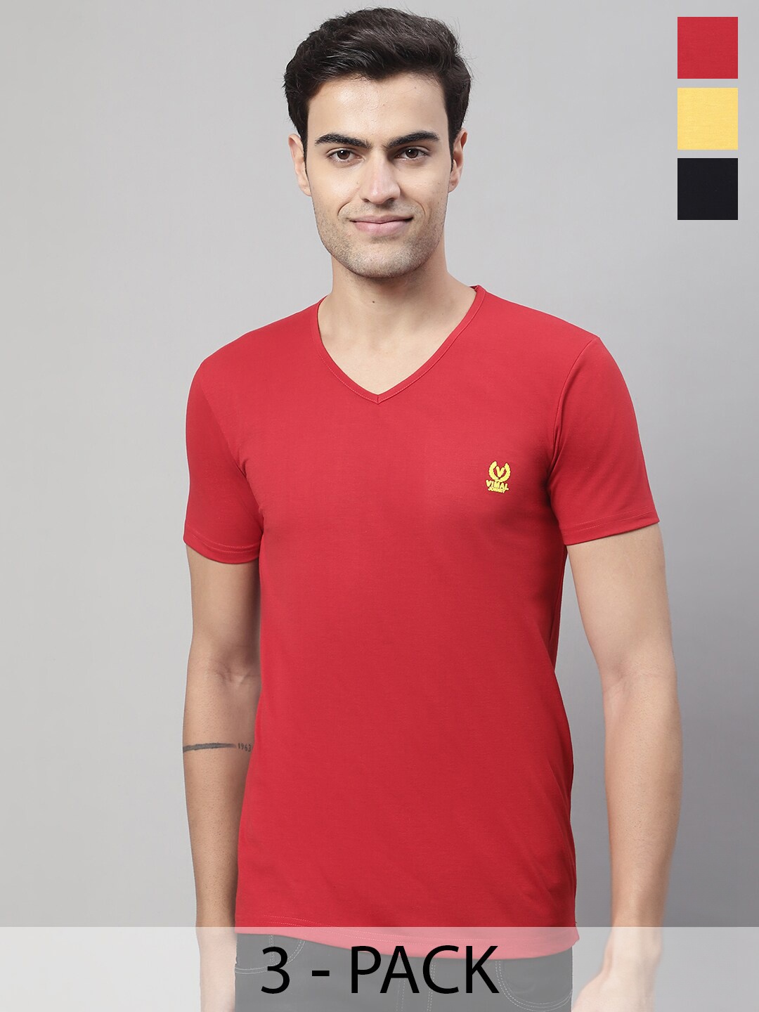 

VIMAL JONNEY Pack Of 3 V-Neck Regular Fit Cotton Casual T-Shirt, Red