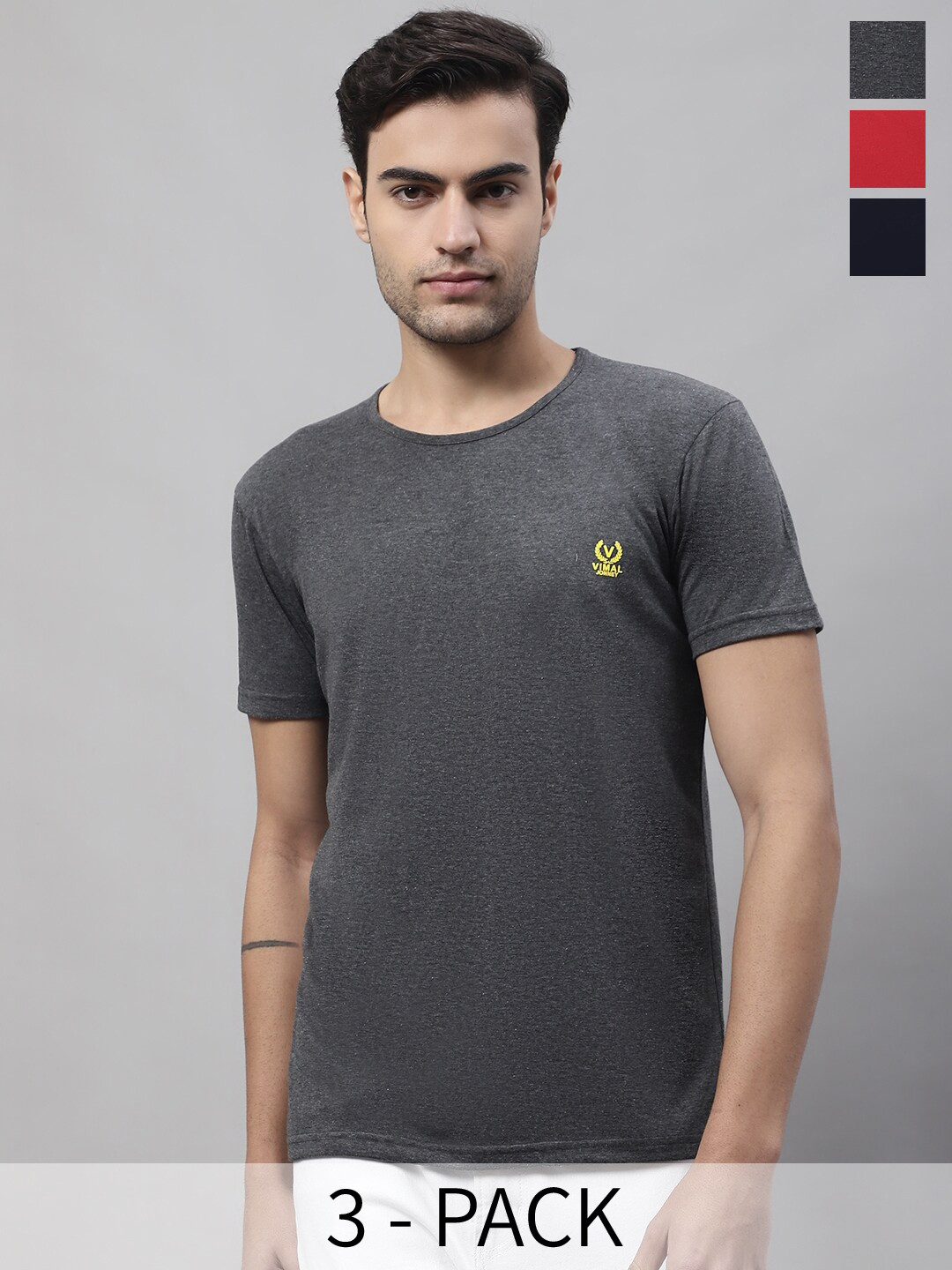 

MACK JONNEY Pack Of 3 Places Printed Round Neck Regular Fit Cotton Casual T-Shirt, Grey