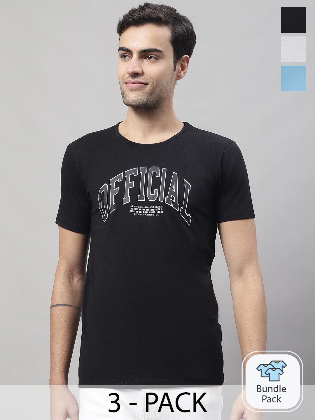 

MACK JONNEY Pack Of 3 Typography Printed Round Neck Regular Fit Cotton Casual T-Shirt, Black