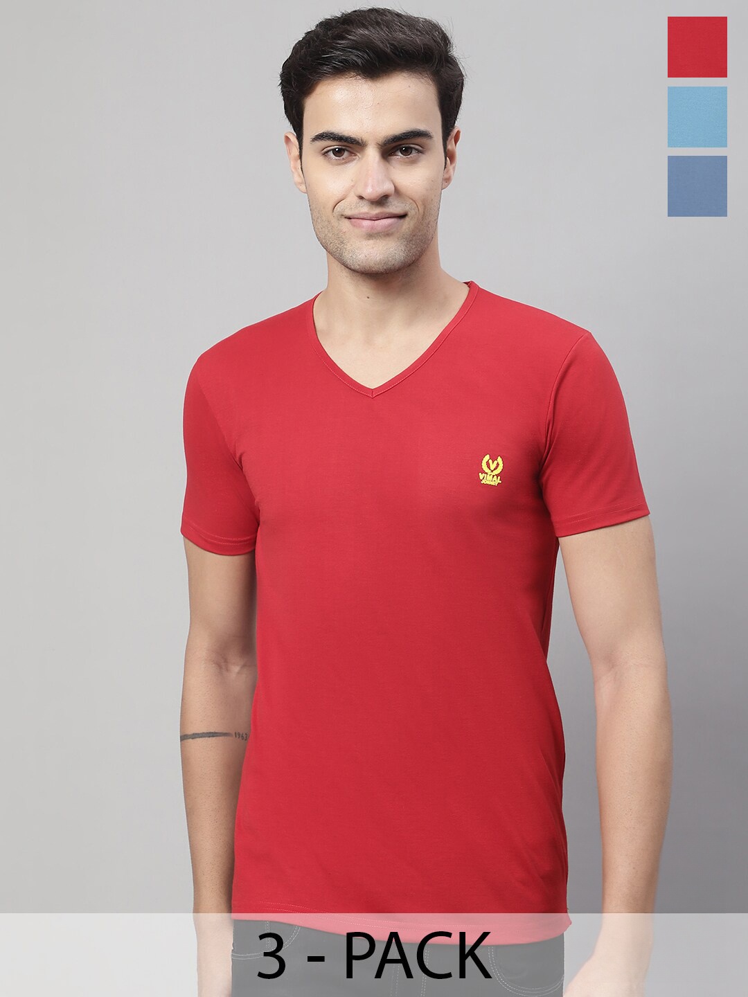 

VIMAL JONNEY Pack Of 3 V-Neck Regular Fit Cotton Casual T-Shirt, Red