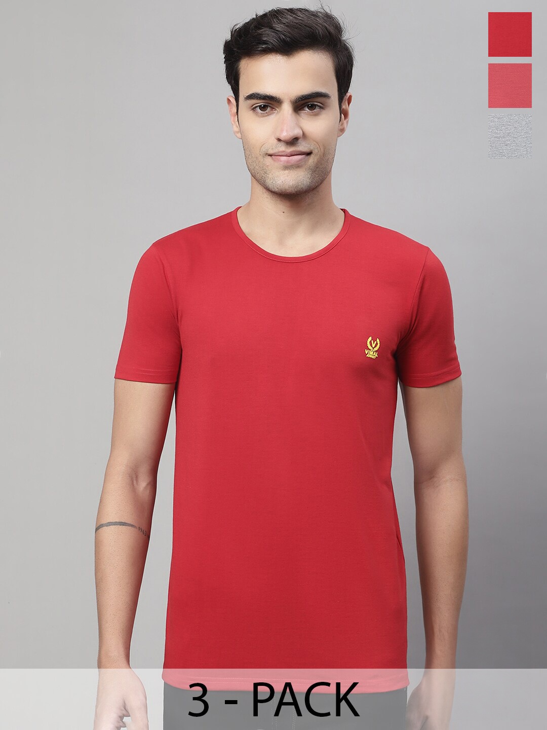 

MACK JONNEY Pack Of 3 Round Neck Regular Fit Cotton Casual T-Shirt, Red