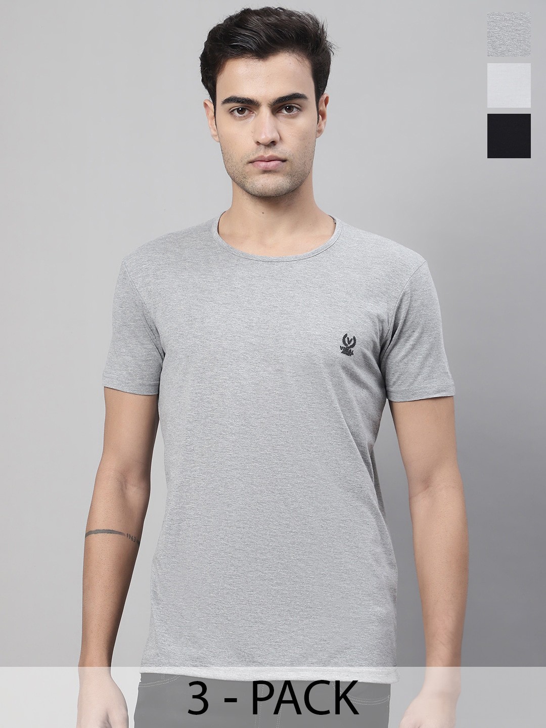 

MACK JONNEY Pack Of 3 Round Neck Regular Fit Cotton Casual T-Shirt, Grey
