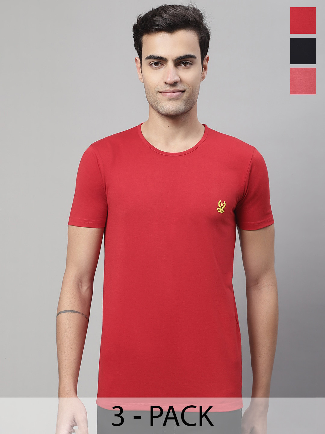 

VIMAL JONNEY Pack Of 3 Round Neck Regular Fit Cotton Casual T-Shirt, Red