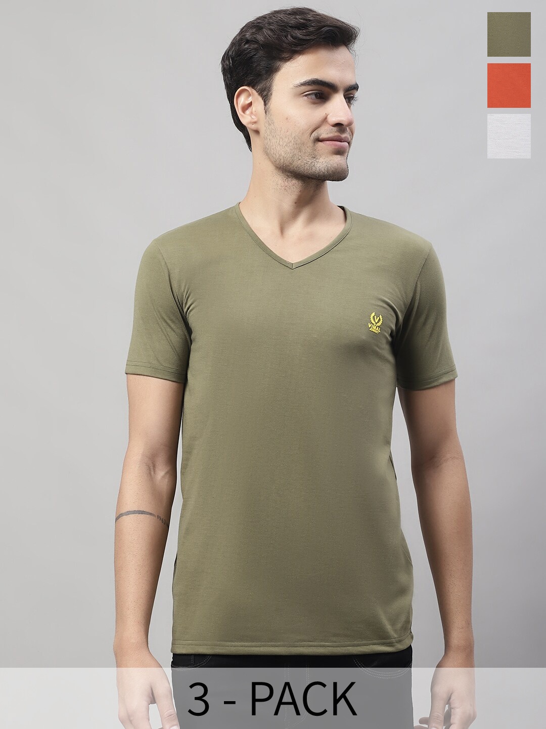 

VIMAL JONNEY Pack Of 3 V-Neck Regular Fit Cotton Casual T-Shirt, Olive