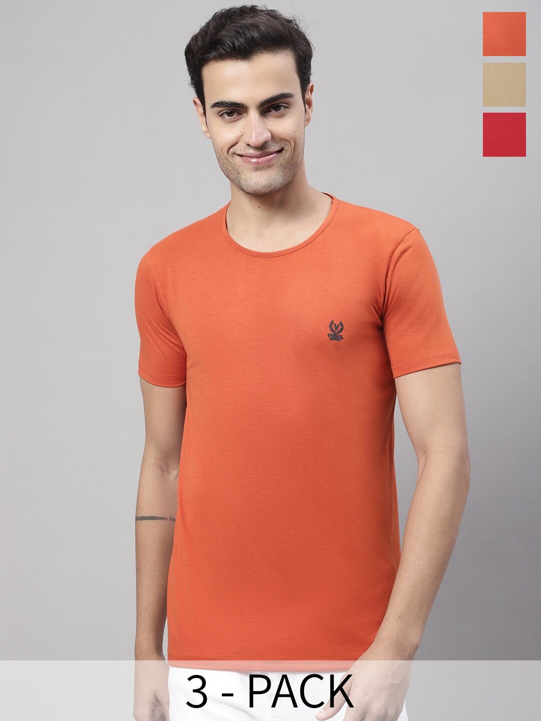 

VIMAL JONNEY Pack Of 3 Round Neck Regular Fit Cotton Casual T-Shirt, Orange