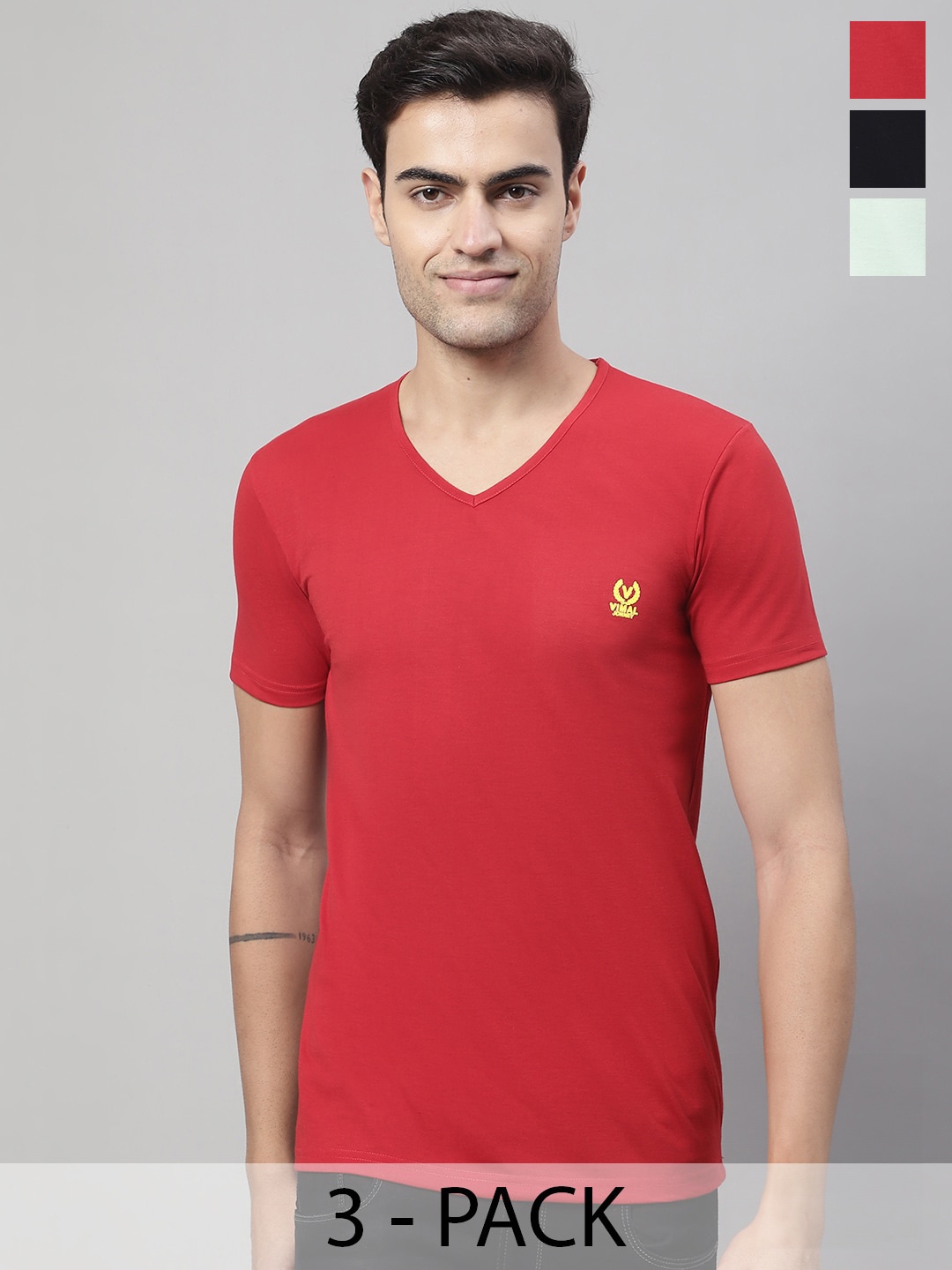 

VIMAL JONNEY Pack Of 3 V-Neck Regular Fit Cotton Casual T-Shirt, Red