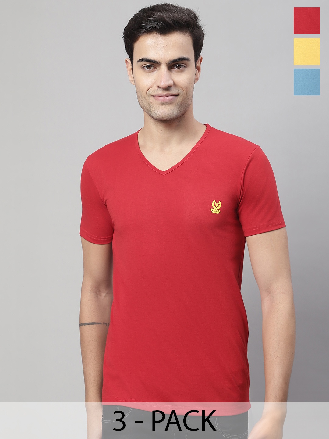 

VIMAL JONNEY Pack Of 3 V-Neck Regular Fit Cotton Casual T-Shirt, Red