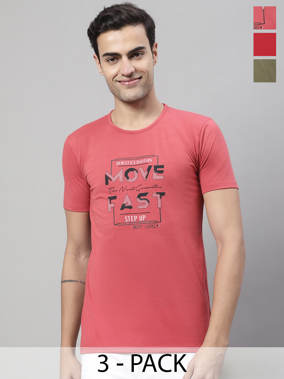 

MACK JONNEY Pack Of 3 Typography Printed Round Neck Regular Fit Cotton Casual T-Shirt, Coral