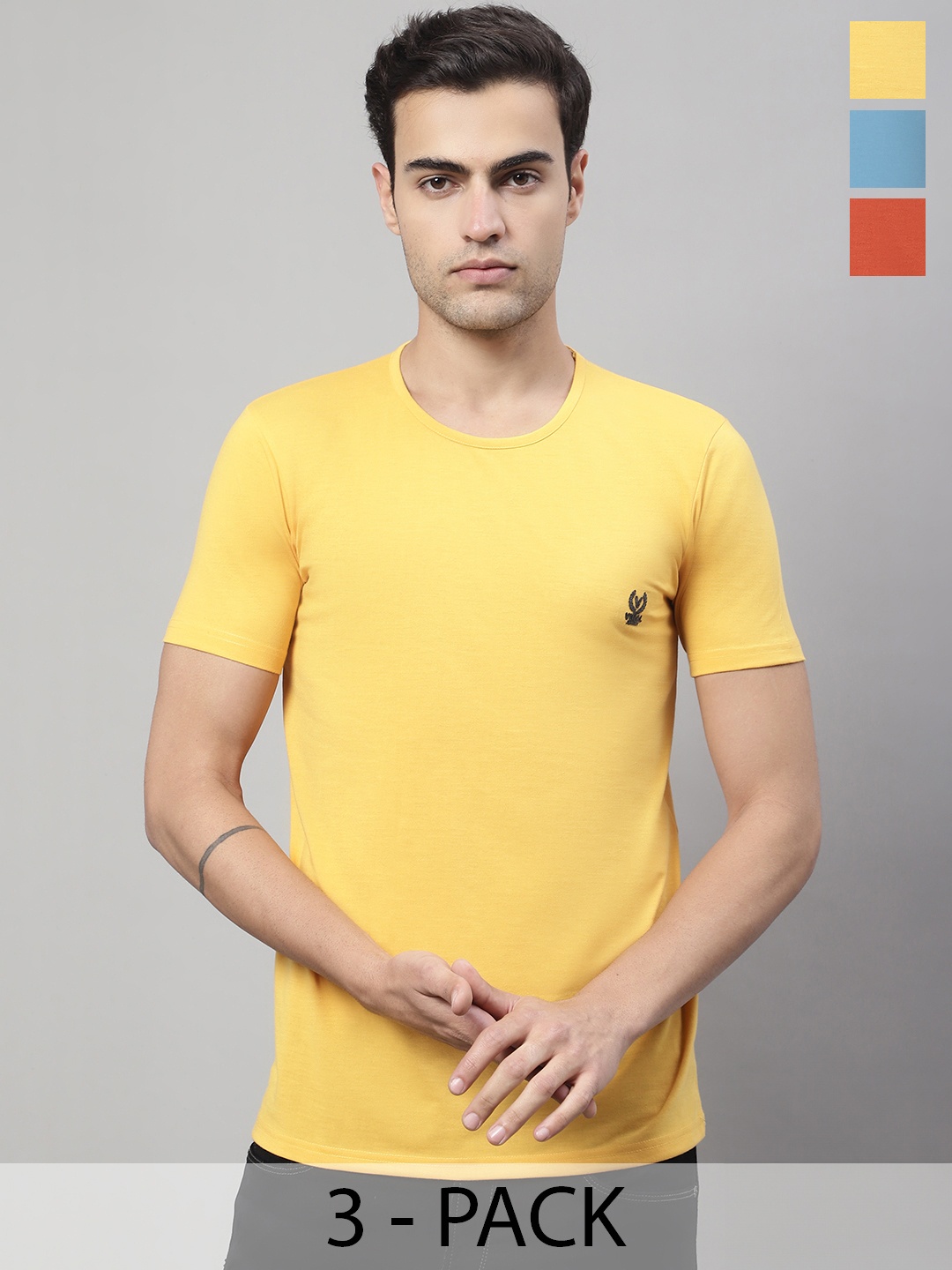 

VIMAL JONNEY Pack Of 3 Cotton Round Neck T-Shirts, Yellow