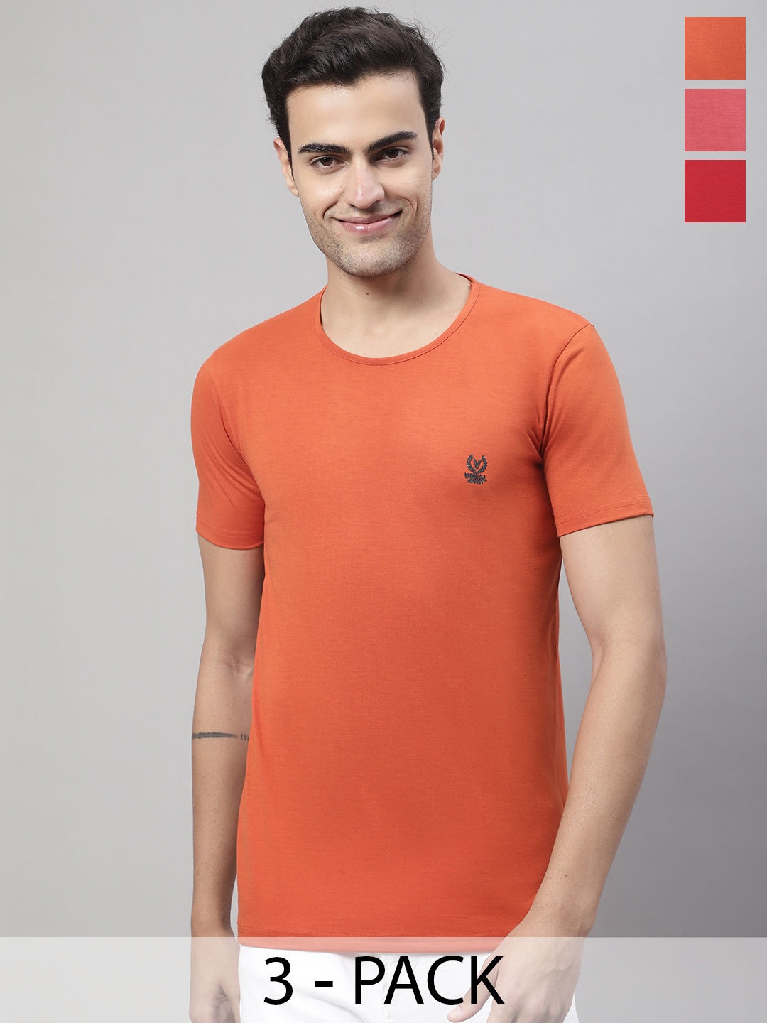 

VIMAL JONNEY Pack Of 3 Cotton Round Neck T-Shirts, Orange