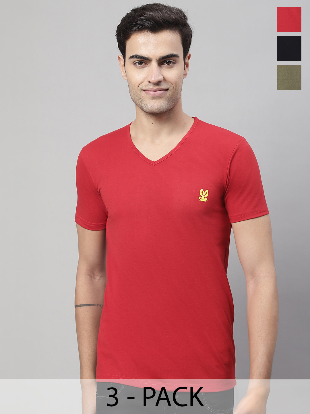 

VIMAL JONNEY Pack Of 3 Cotton V-Neck T-Shirts, Red