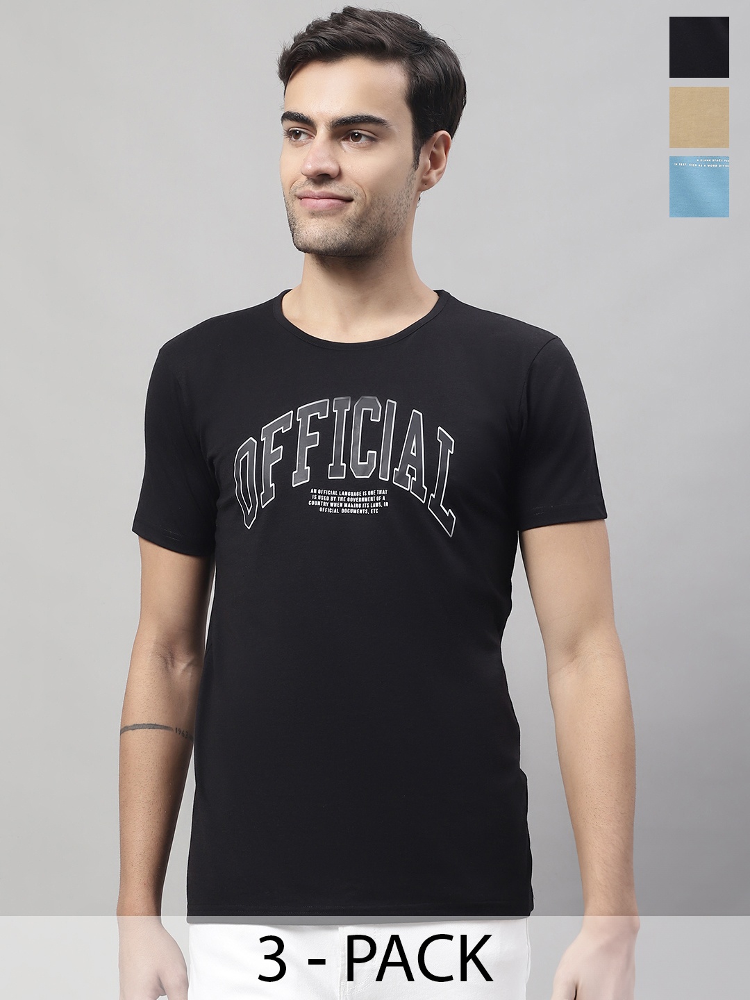 

MACK JONNEY Pack Of 3 Typography Printed Cotton Round Neck T-Shirts, Black