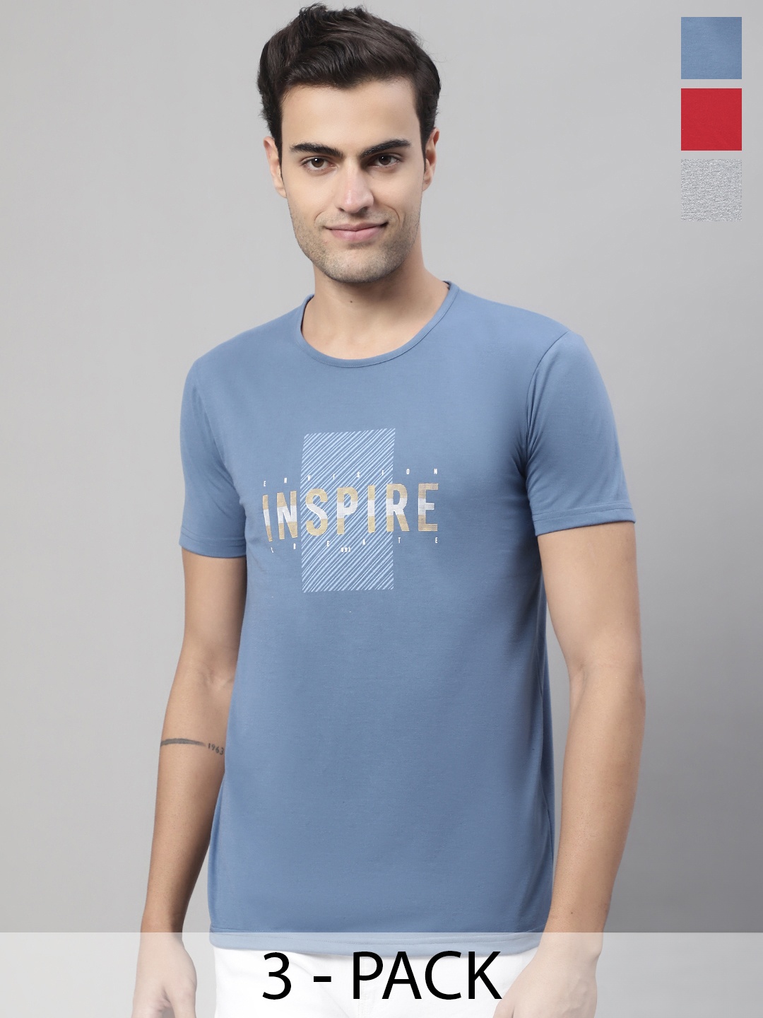

MACK JONNEY Pack Of 3 Typography Printed Cotton T-shirts, Blue