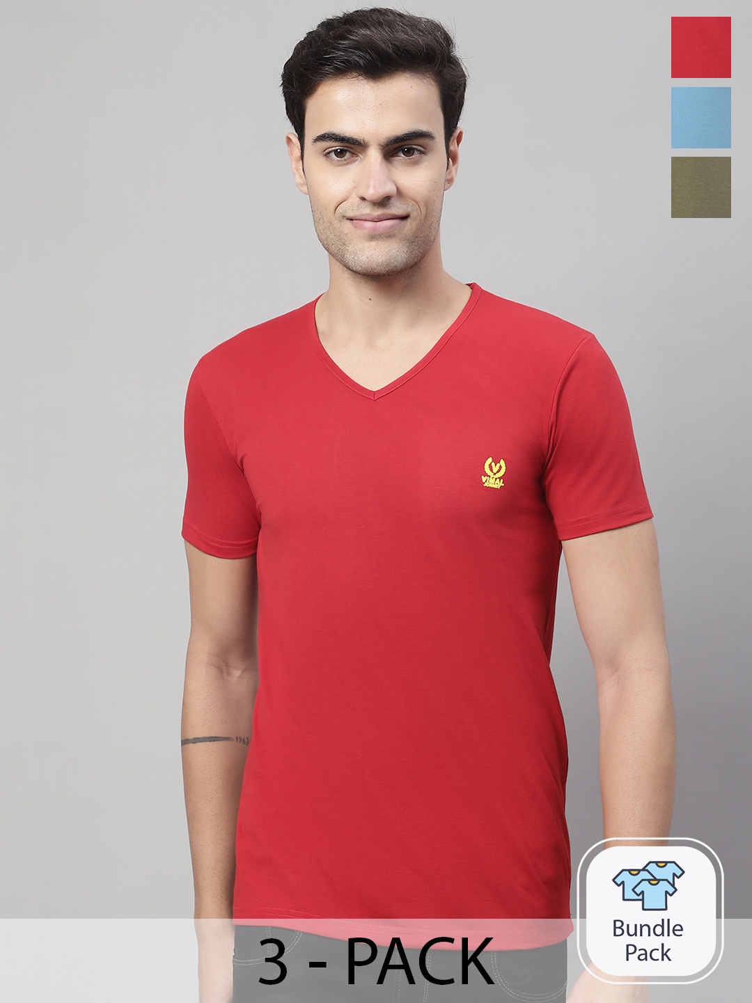 

VIMAL JONNEY Pack Of 3 V-Neck Cotton T-shirts, Red