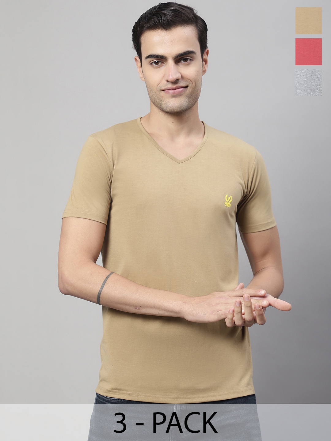 

VIMAL JONNEY Pack Of 3 V-Neck Cotton T-shirts, Beige