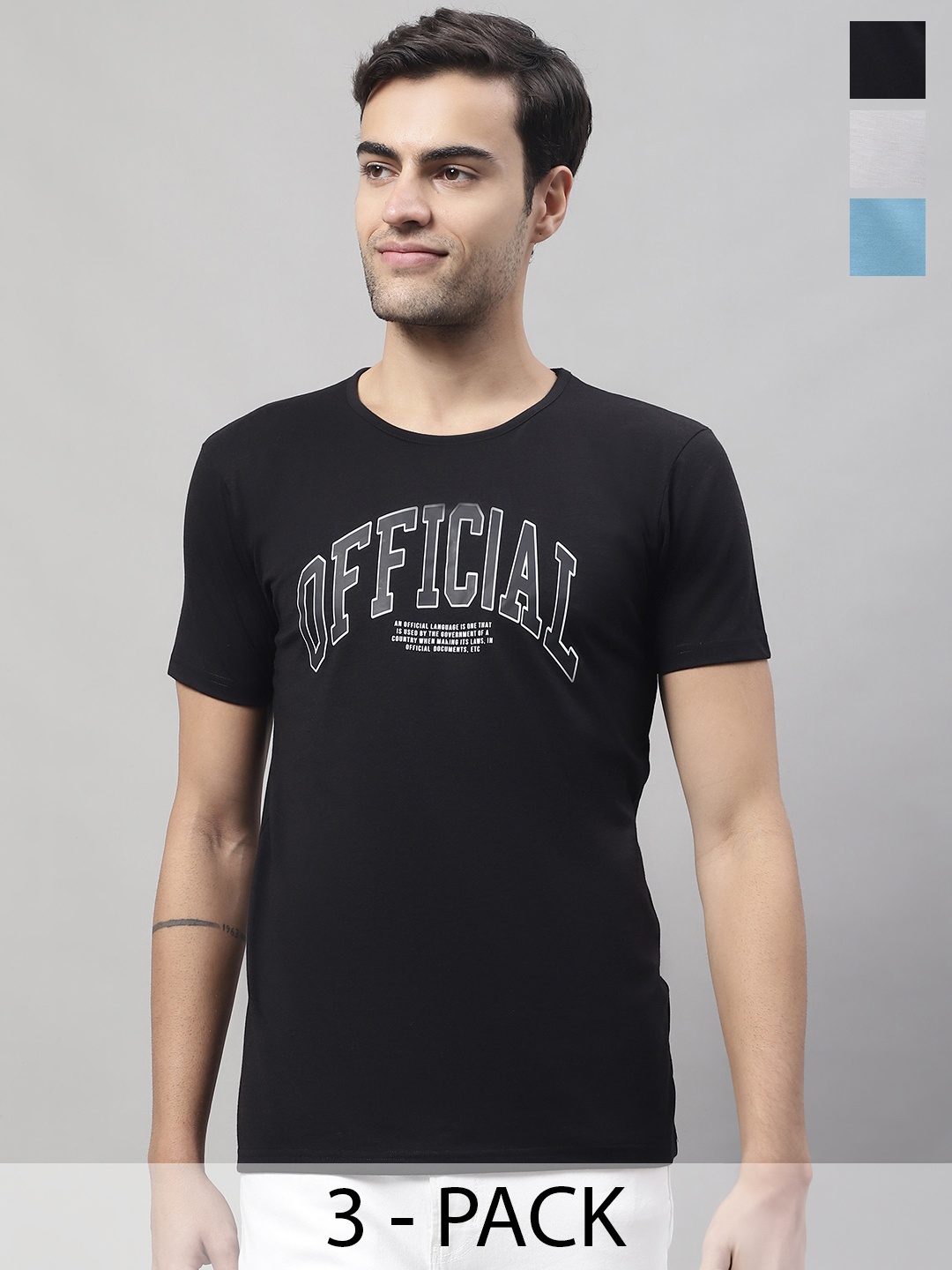 MACK JONNEY Pack Of 3 Typography Printed Cotton T-shirts, Black
