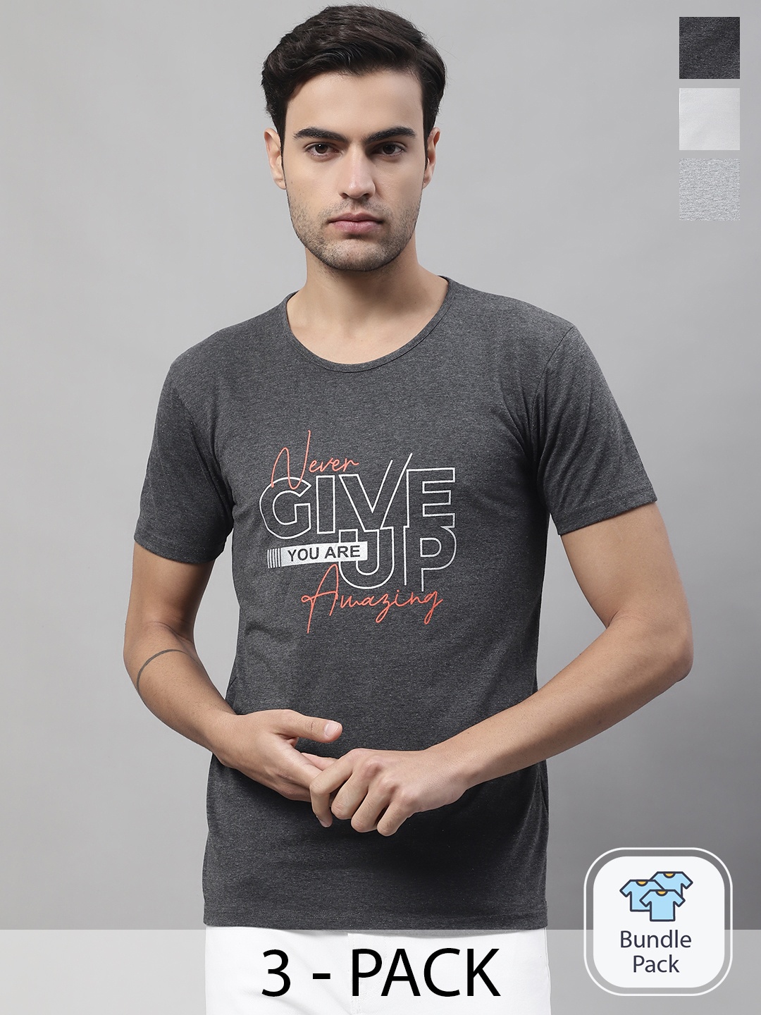 

MACK JONNEY Pack Of 3 Typography Printed Cotton T-shirts, Charcoal