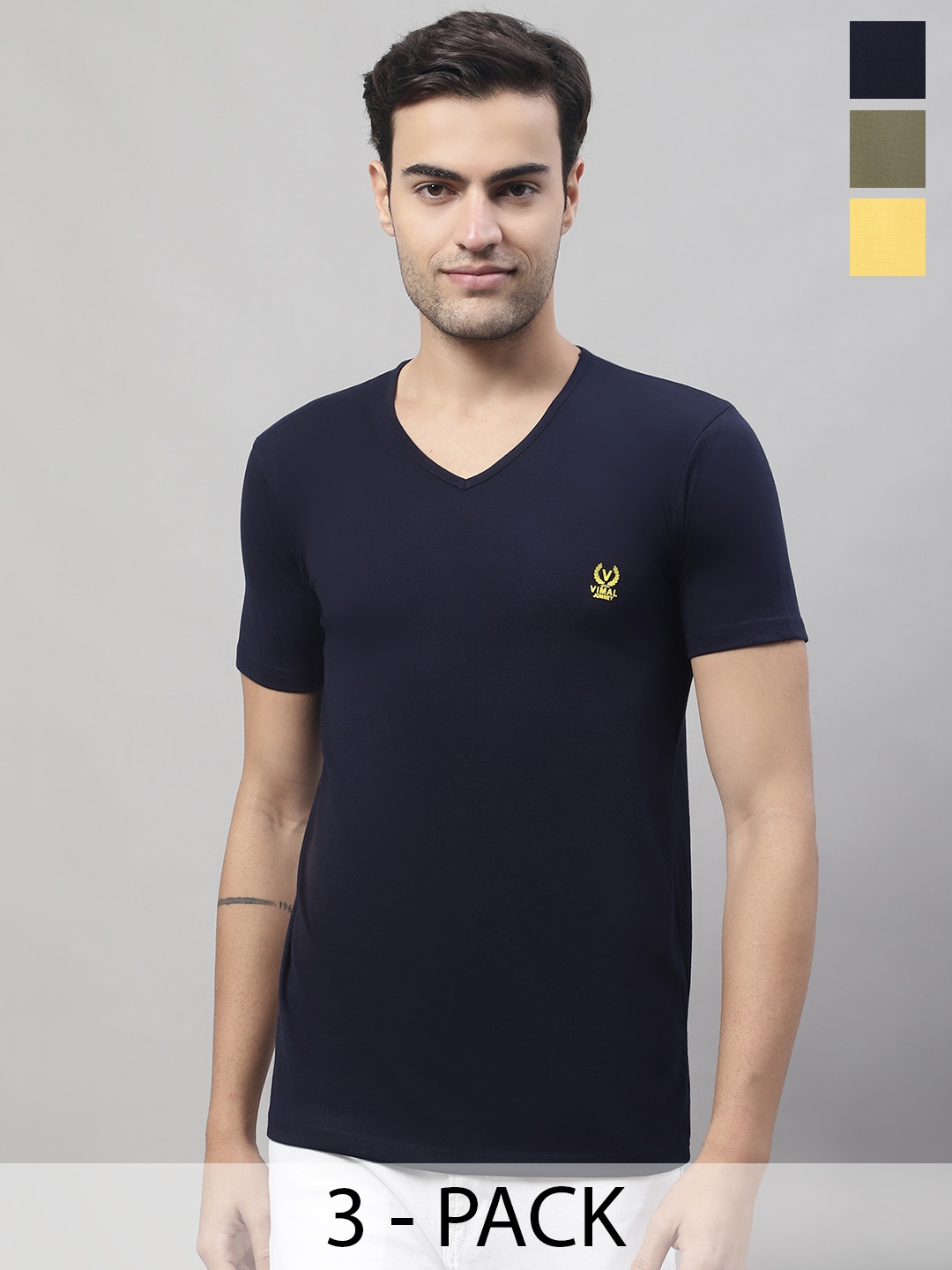 

VIMAL JONNEY Pack Of 3 V-Neck Cotton T-shirts, Navy blue