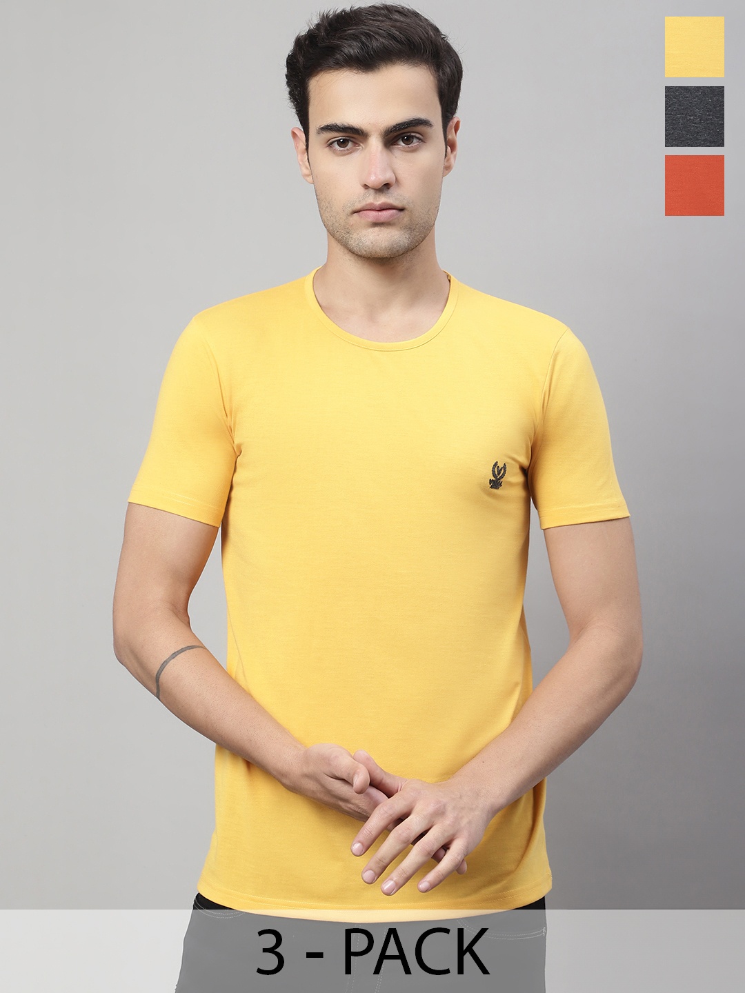 

VIMAL JONNEY Pack Of 3 Round Neck Cotton T-shirts, Yellow