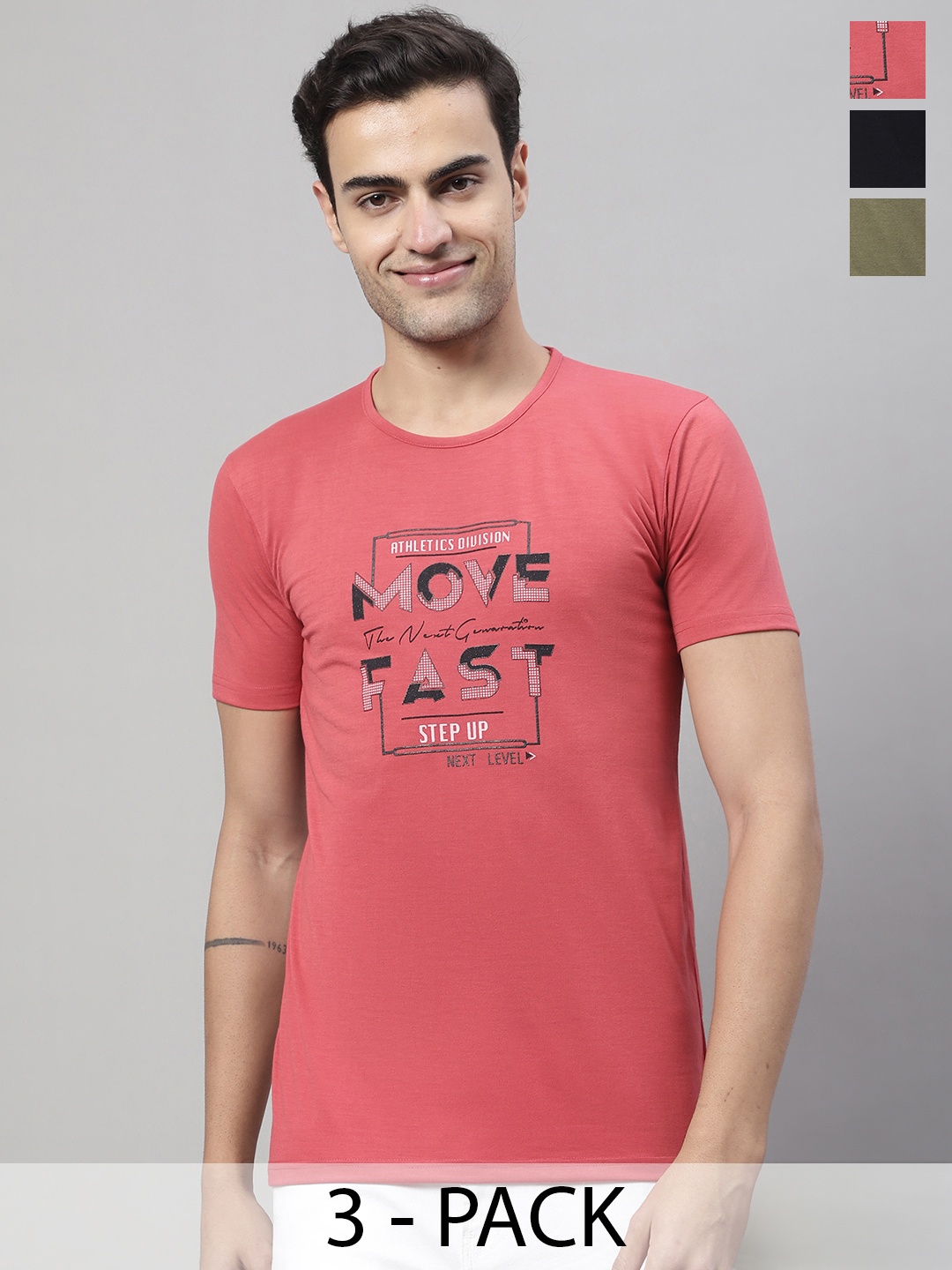 

MACK JONNEY Pack Of 3 Typography Printed Cotton T-shirts, Pink