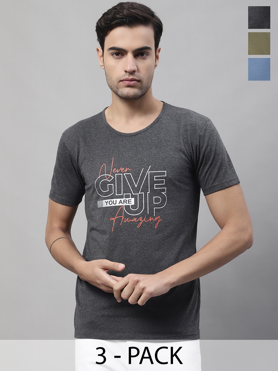 MACK JONNEY Pack Of 3 Typography Printed Cotton T-shirts, Charcoal