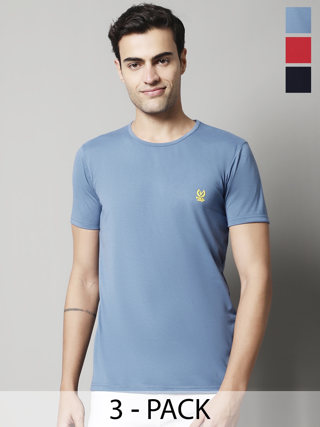 MACK JONNEY Pack Of 3 Typography Printed Cotton T-shirts, Grey