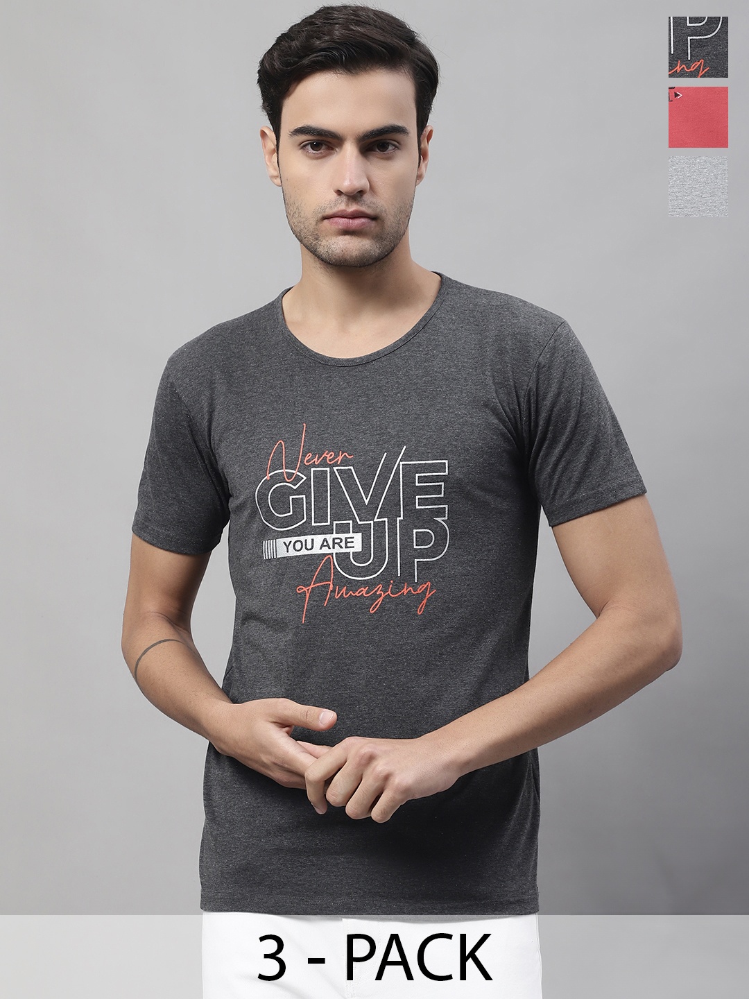 MACK JONNEY Pack Of 3 Typography Printed Cotton T-shirts, Charcoal